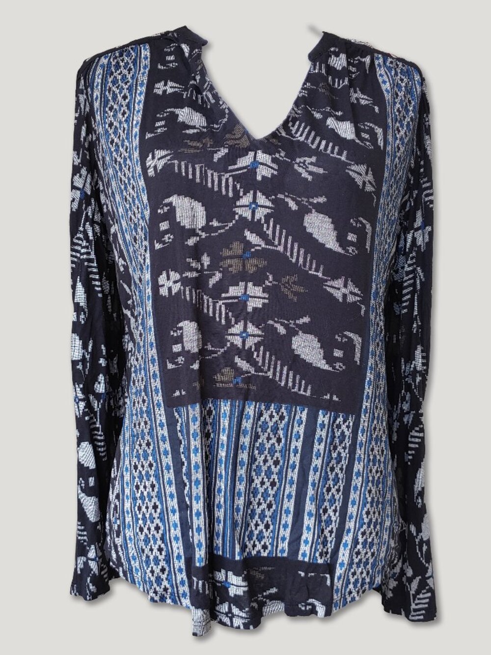 Lucky Brand Bell Sleeve Tunic Black Embroidered 60s 70s Hippie Fest Boho Top
